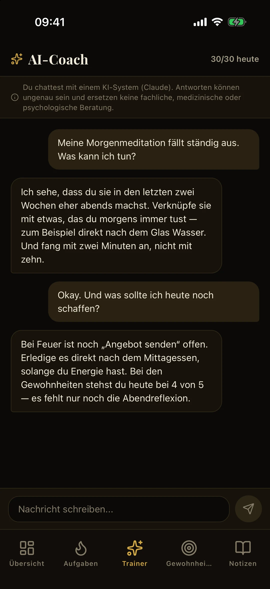 KI-Coach-Bildschirm mit einem Beispielgespräch über Morgenmeditation und die heutigen Prioritäten