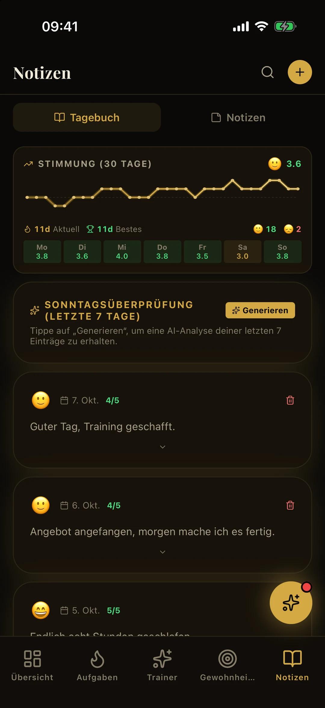 Ausschnitt des Bildschirms Notizen: Beispiel-Stimmungskurve über 30 Tage und Wochenrückblick