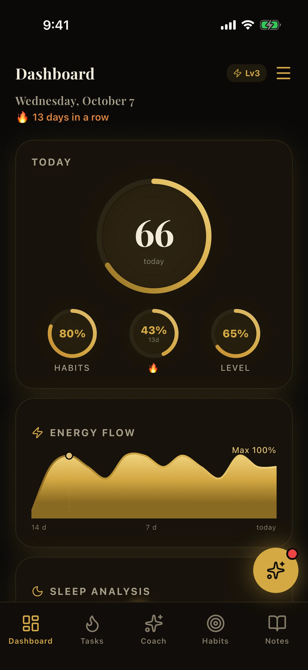 Crop of the Dashboard screen: 13-day streak, today's progress ring, habits 80 % and level