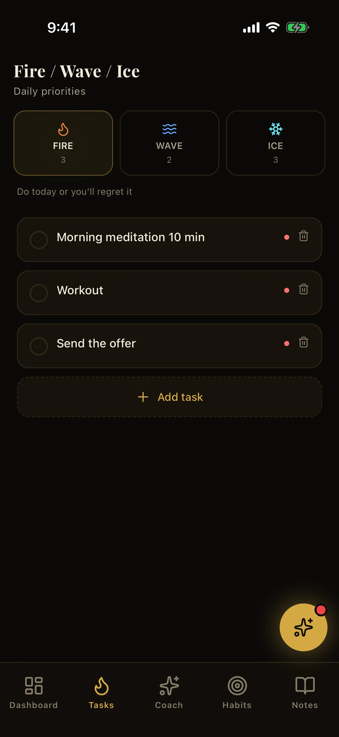 Fire / Wave / Ice screen with sample tasks: morning meditation 10 min, workout, send the offer