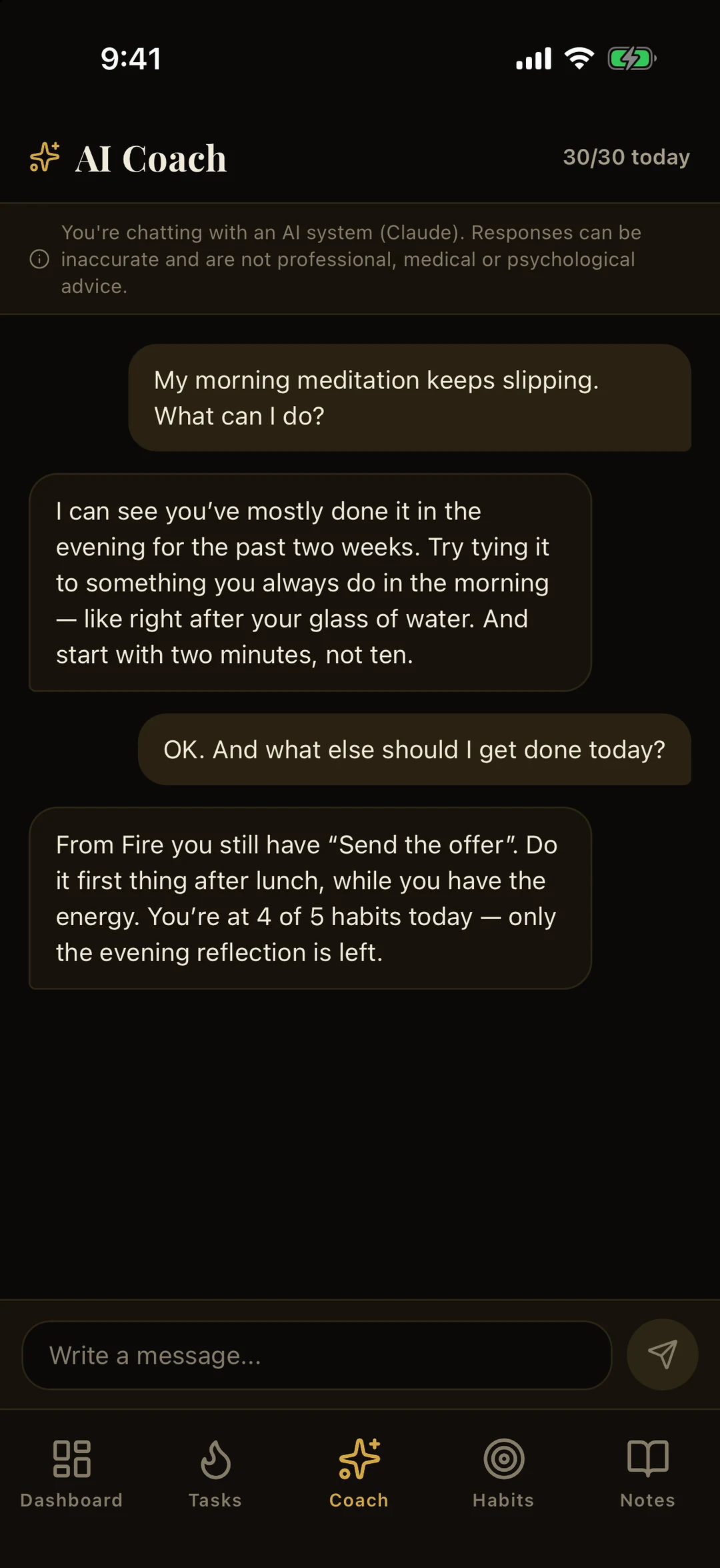 AI Coach screen with a sample conversation about morning meditation and today's priorities