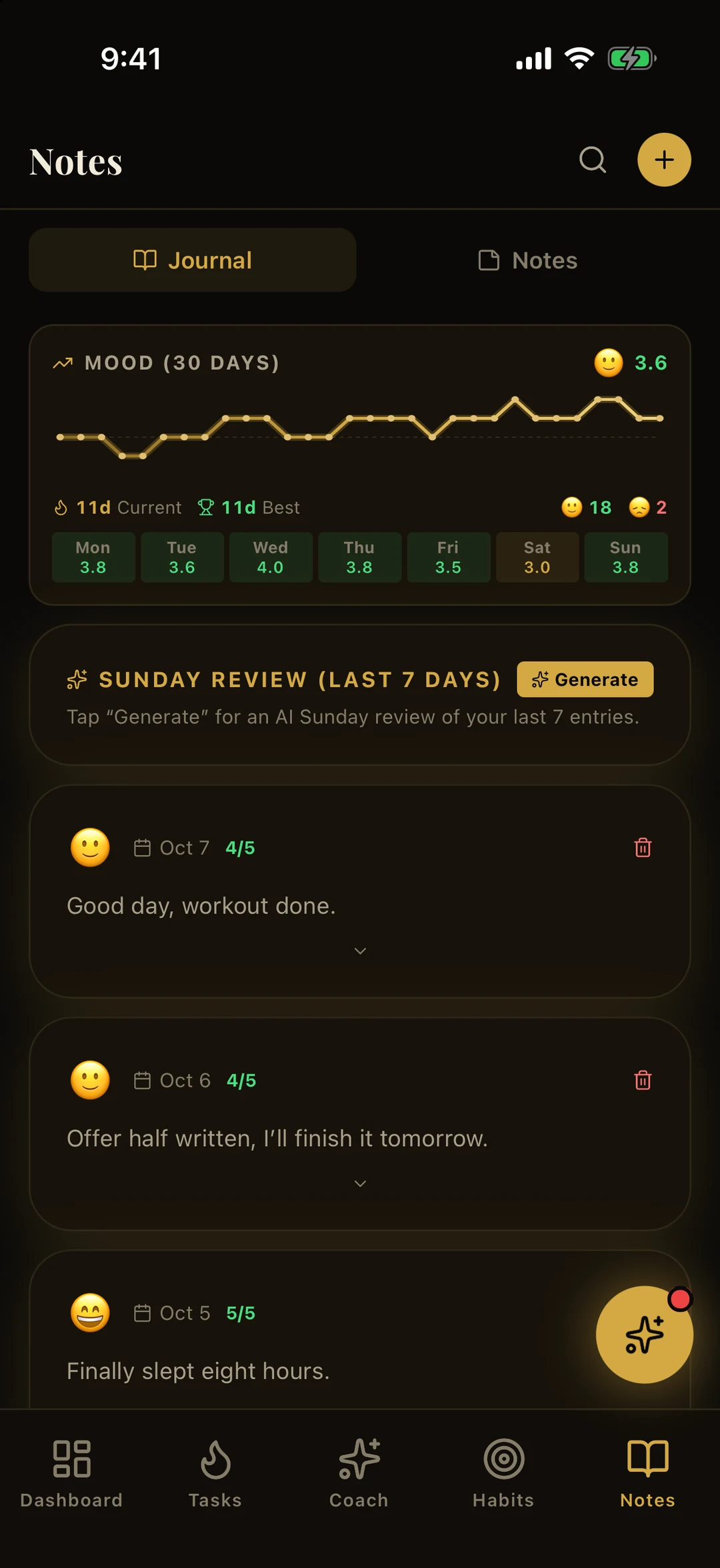Crop of the Notes screen: sample 30-day mood curve and weekly review