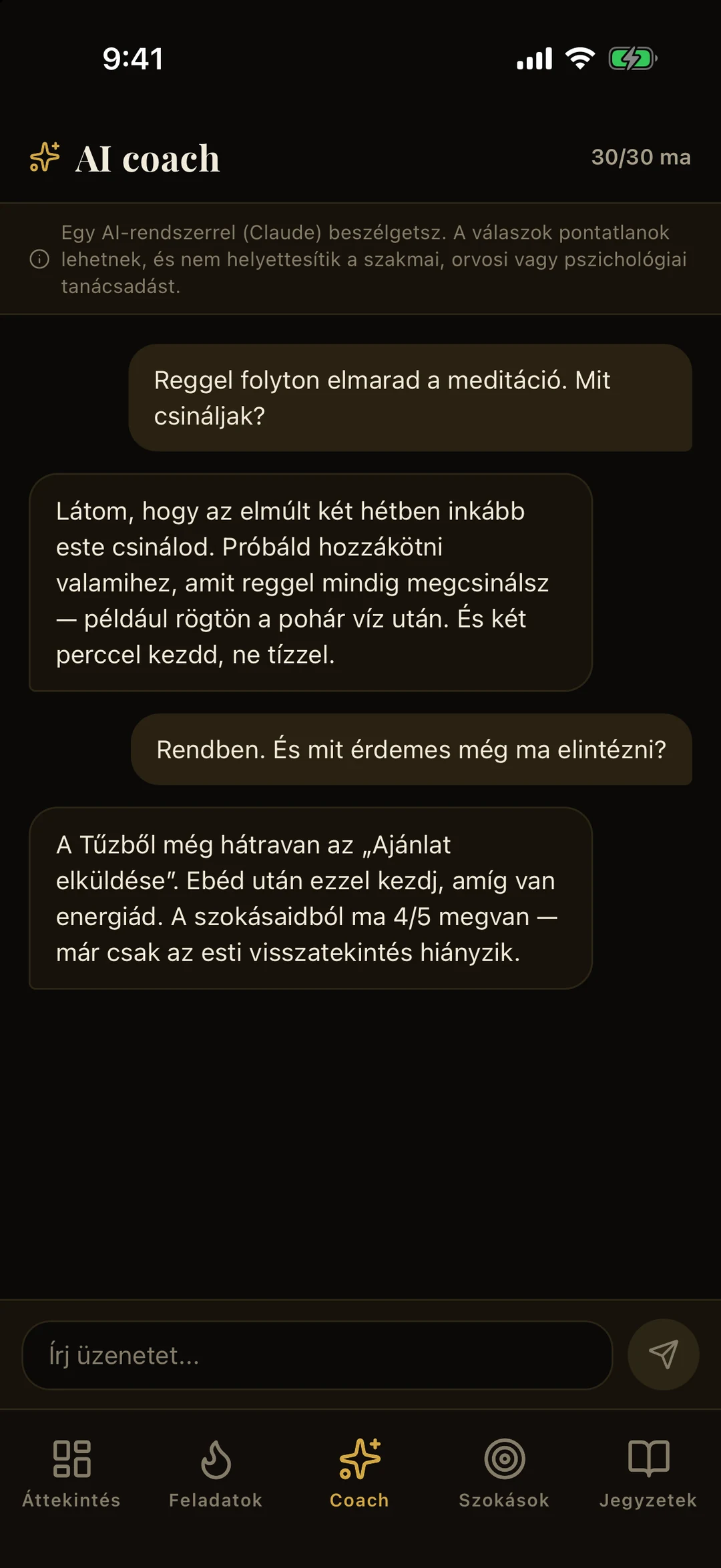AI coach képernyő minta-beszélgetéssel a reggeli meditációról és a mai prioritásokról